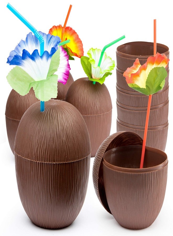 PREXTEX Coconut Cups with Flower Straws & Twist Close Lids (18 Pack, 16oz) for Luau Party Decorations, Pool Parties, Tropical Tiki Parties, Summer, Hawaiian Themed Party Decorations - Image 1